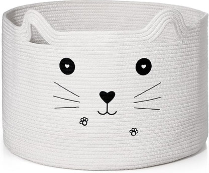 Zopeal Cat Basket Storage Woven Organizer with Ears Easter Decorative Gift Pet Toy Cute Cotton Rope Basket for Gift Cat Dog Toy Bin Nursery Room(21.7 x 13.8 Inch,White)