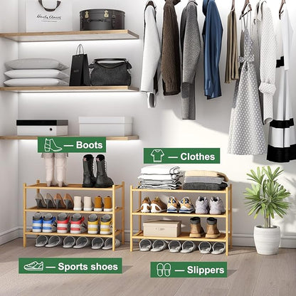 3-Tier Shoe Rack for Closet, Bamboo Wood Shoe Rack for Indoor & Outdoor, Stackable Shoe Organizer for Entryway (Natural, 3-Tier)