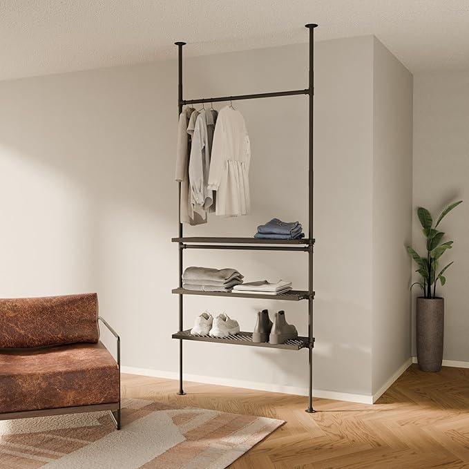 pamo Industrial Pipe Clothing Rack with Shelf - 220 lbs Capacity - Clamping Clothes Rack and Walk In Closet with Oak Shelf for Wardrobe