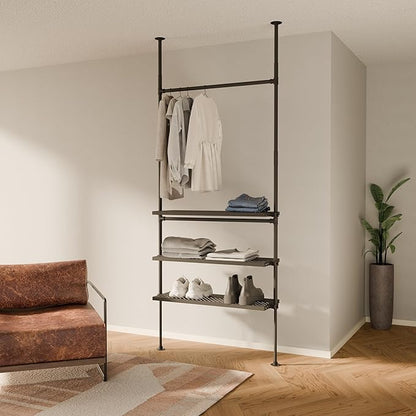 pamo Industrial Pipe Clothing Rack with Shelf - 220 lbs Capacity - Clamping Clothes Rack and Walk In Closet with Oak Shelf for Wardrobe