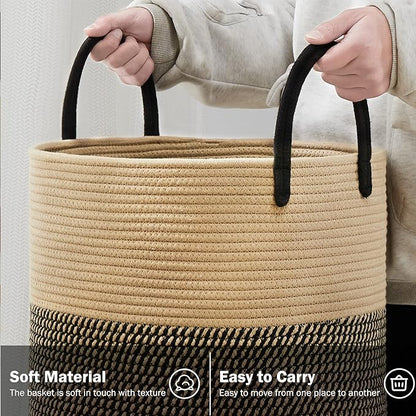 YOUDENOVA Woven Rope Laundry Hamper Basket, 100L Tall Laundry Basket, Baby Nursery Hamper for Blanket Storage, Clothes Hamper for Laundry in Bedroom-Extra Large-Black Brown