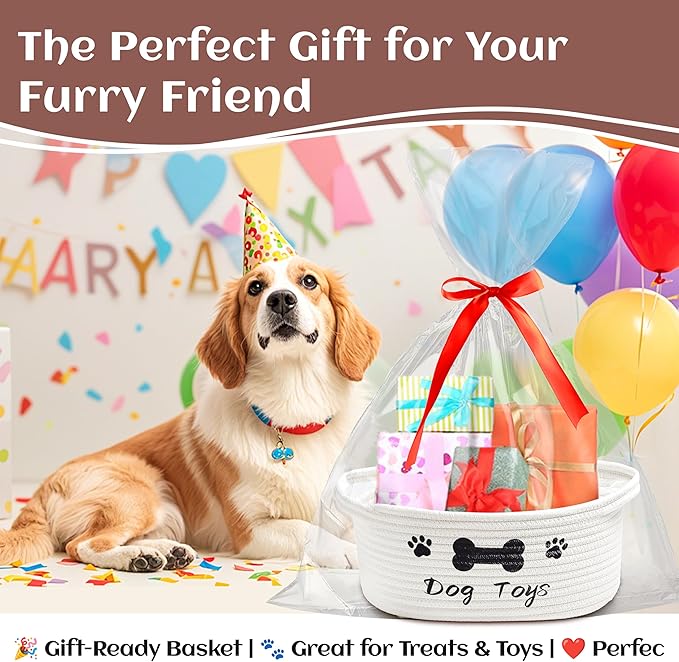 Small Woven Dog Gifts Basket for Storage Empty Dog Toy Bins Organizer with Ribbons and Bags Durable Cute Pet Gifts 12"X 8" X 5" Small Rope Basket for Gifting