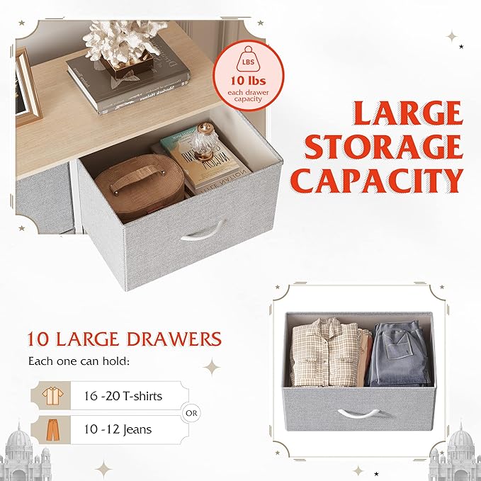 WLIVE Tall Dresser for Bedroom with 10 Drawers, Chest of Drawers, Dressers Bedroom Furniture, Grey Dresser with Fabric Bins for Closet, Hallway, Living Room, Entryway, Light Grey