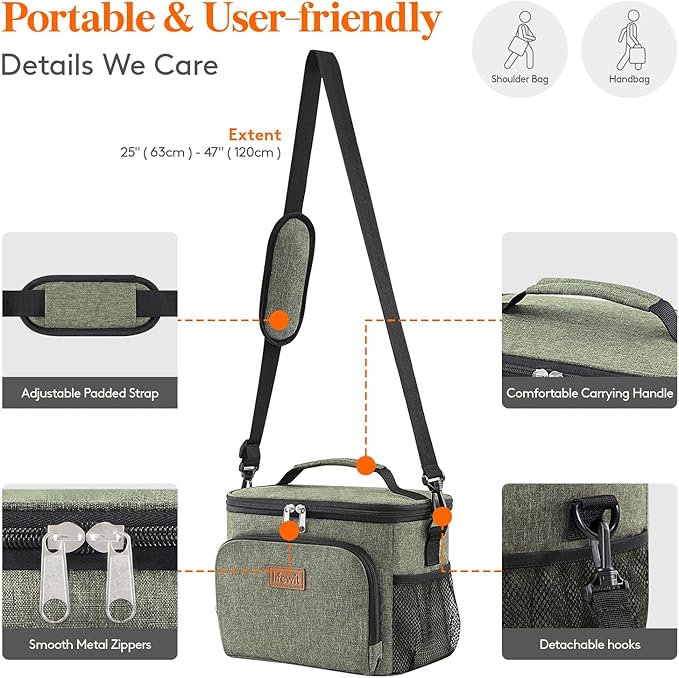 Lifewit Reusable Insulated Lunch Bag, Portable Cooler Freezable Soft Lunchbox Leakproof with Adjustable Shoulder Strap for Men Women Adult for Work Picnic or Travel, 9L 12 Can, Dark Green