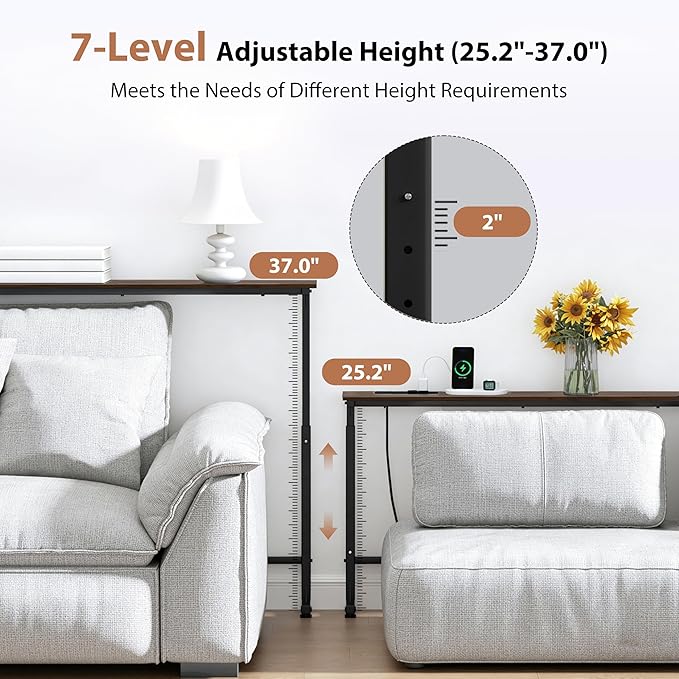 GRLEAF 2 Pack Adjustable Height Narrow Console Table with Power Outlets, 70" Long Sofa Table with Charging Station Behind Couch Table Entryway Table for Living Room and Hallway – Rustic Brown
