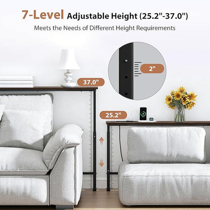 GRLEAF 2 Pack Adjustable Height Narrow Console Table with Power Outlets, 70" Long Sofa Table with Charging Station Behind Couch Table Entryway Table for Living Room and Hallway – Rustic Brown