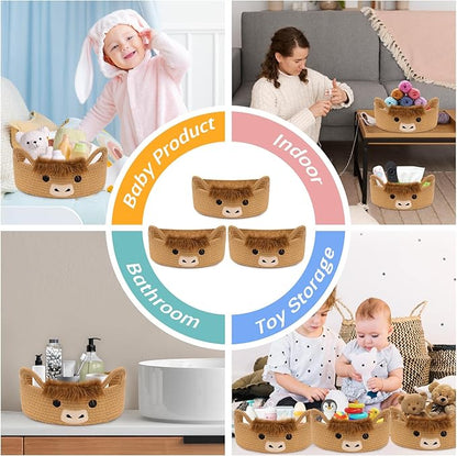 3 Pcs Oval Highland Cute Cow Basket for Nursery, Small Woven Rope Gift Basket, Soft Cotton Decorative Storage for Gifts Empty, Baby Shower Blanket 0rganizer Shelves Towel Bins, 12" D x 5" H