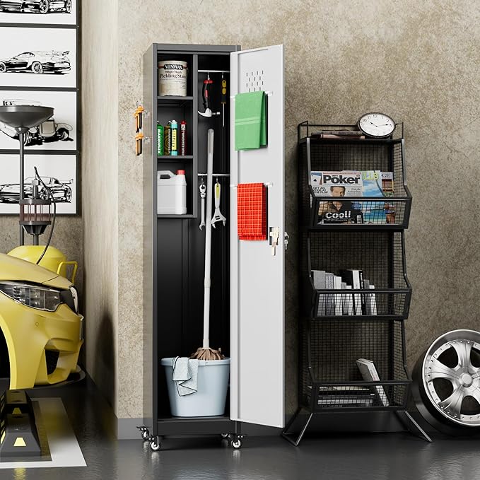 72" H Broom Closet Storage Cabinet, Metal Garage Storage Cabinet with Wheels, Pegboard, Locking Door and Hooks for Garage, Home, Utility Cleaning Cabinet for Broom and Mops, Black and White