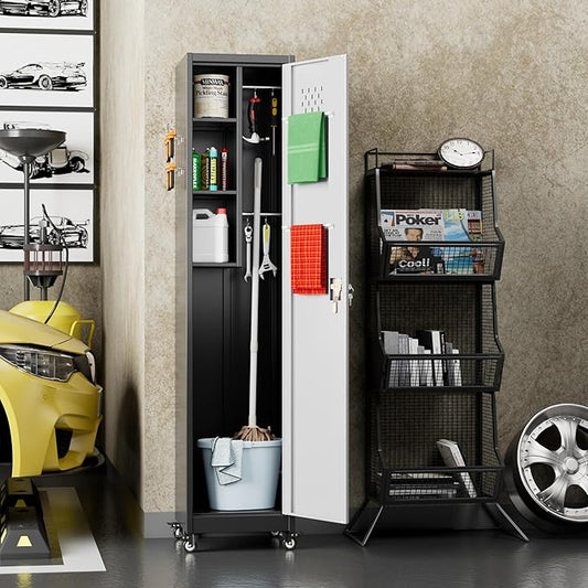 72" H Broom Closet Storage Cabinet, Metal Garage Storage Cabinet with Wheels, Pegboard, Locking Door and Hooks for Garage, Home, Utility Cleaning Cabinet for Broom and Mops, Black and White