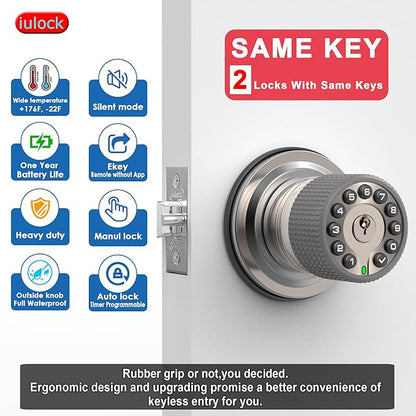 Smart Door Knob with Keypad and Key,Keyless Entry Door Lock with Rubber Grip, Auto Lock,50 User Code,Waterproof, Easy to Install and Program for Bedroom(Stain Nickel Same Key 2 Pack)