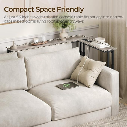 70.9" Narrow Console Table with Adjustable Height (27.6"-35.4"), L Shaped Sofa Table Narrow Long, Skinny Behind Couch Table with USB-C Ports, 5.9" Wide Sofa Side Table, Greige CT28UBG