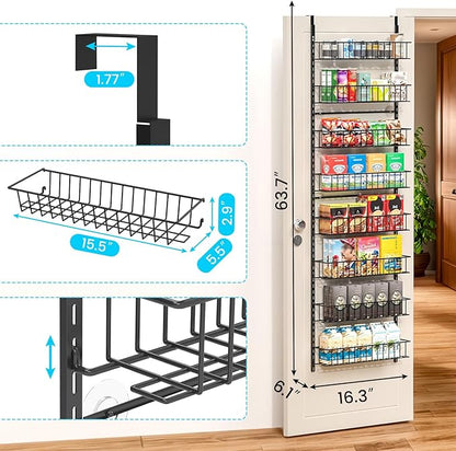 8-Tier Pantry Door Oragnizer, Over The Door Pantry Organizer Rack and Storage, Hanging Spice Rack Shelves Door, Home Office Laundry Room Bathroom & Kitchen Organization Essentials Metal