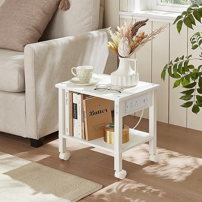 2 Tier Under Desk Printer Stand with Storage, Small Printer Table with Charging Station, Rolling Printer Cart Shelf with Lockable Wheels for Home, Office (White)