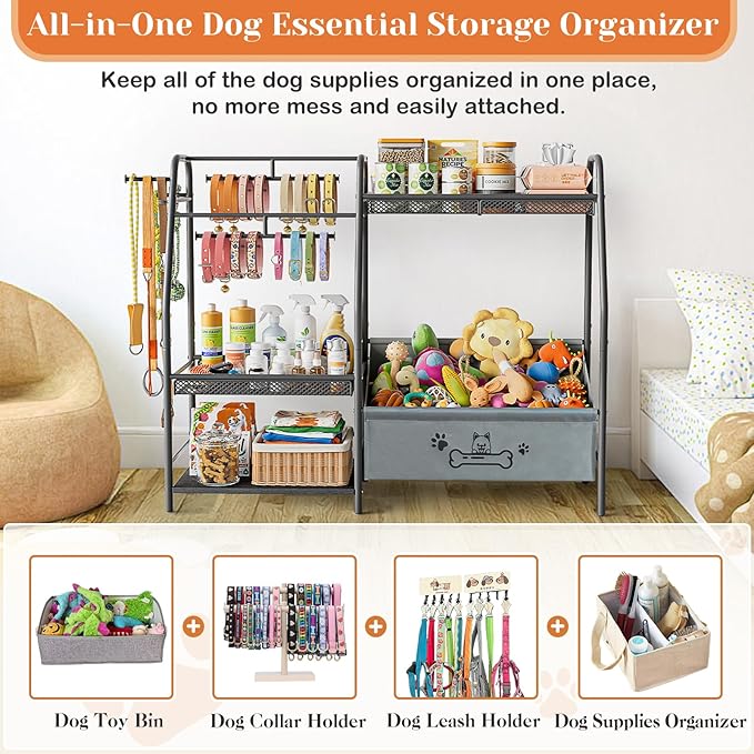 Large Dog Toy Basket with Dog Storage Organizer, Trapezoid Toy Bin Box with Collar Leash Holder Hook, Dogs Toy Holder Chest Pet Storage Cabinet for Living Room Dogs Essentials