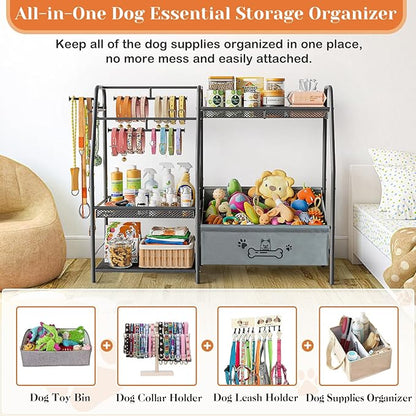 Large Dog Toy Basket with Dog Storage Organizer, Trapezoid Toy Bin Box with Collar Leash Holder Hook, Dogs Toy Holder Chest Pet Storage Cabinet for Living Room Dogs Essentials
