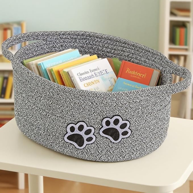 Small Woven Cotton Rope Nursery Organizer Bins, Dog Toy Basket Bins with Handle, Cute Empty Baby Gift Storage Baskets with Paw