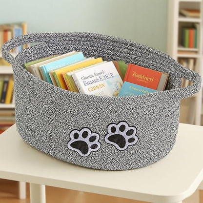 Small Woven Cotton Rope Nursery Organizer Bins, Dog Toy Basket Bins with Handle, Cute Empty Baby Gift Storage Baskets with Paw