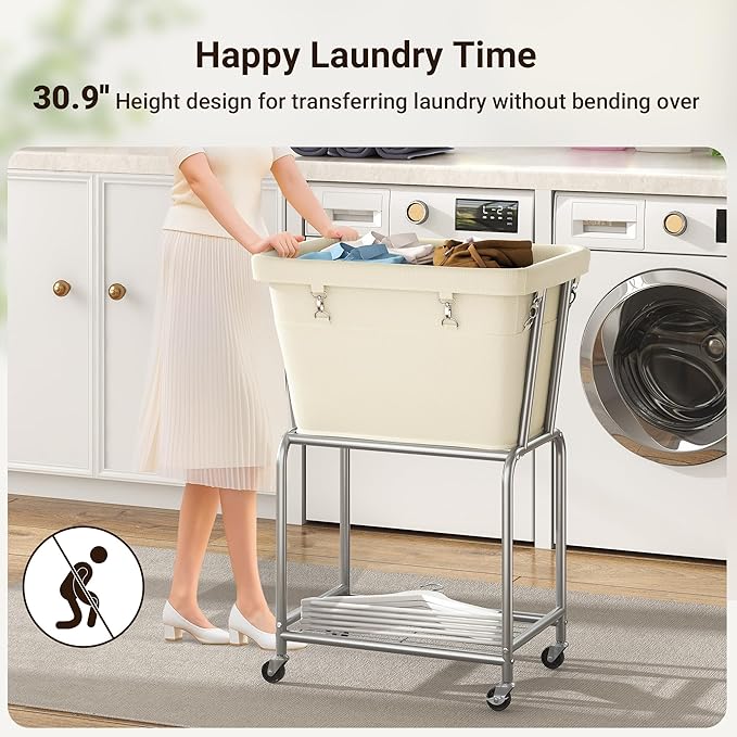 ELYKEN Rolling Laundry Hamper with Wheels, Laundry Cart with Removable Bag, Heavy Duty Metal Frame, 2-Tier Clothes Basket Hamper with Shelf for Closet, Bedroom, Bathroom, Laundry Room, Cream