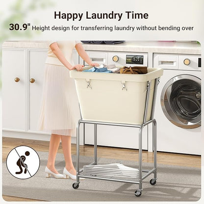 ELYKEN Rolling Laundry Hamper with Wheels, Laundry Cart with Removable Bag, Heavy Duty Metal Frame, 2-Tier Clothes Basket Hamper with Shelf for Closet, Bedroom, Bathroom, Laundry Room, Cream