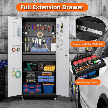 Aobabo Garage Storage Cabinet with Wheels and 1 Interior Drawer, 71" H Metal Rolling Cabinet with 16 Hooks and 2 Adjustable Shelves for Garage, Home, Office, Kitchen, Assembly Required, Black Gray