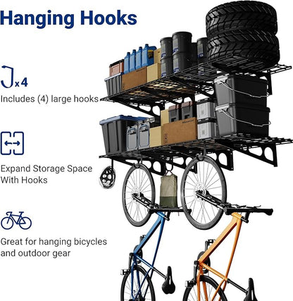 FLEXIMOUNTS 2-Pack 2x6ft Garage Shelving with Hooks, 24-inch-by-72-inch Wall Shelf Garage Storage Racks Floating Shelves, Black, Classic Series