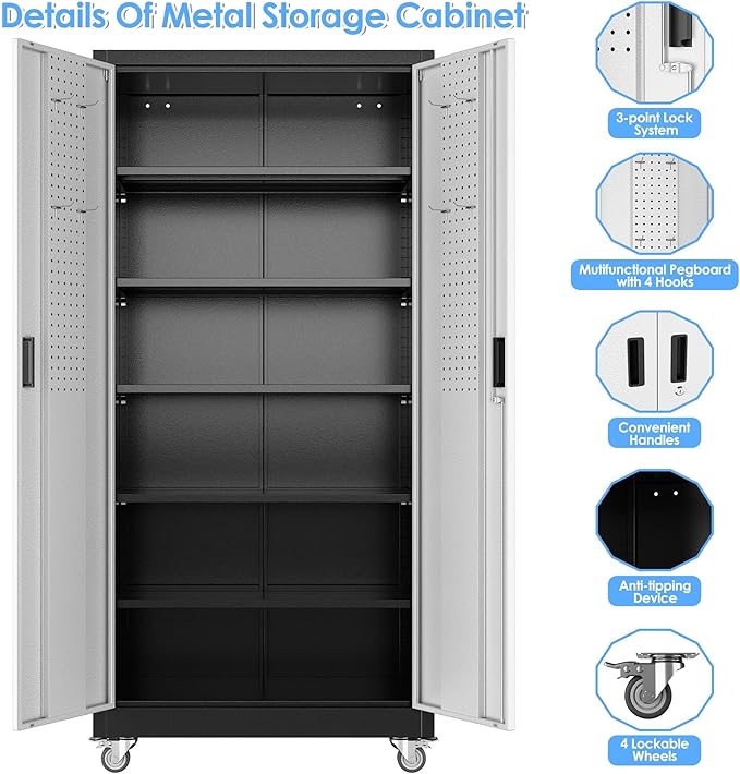 SUXXAN Garage Storage Cabinet with Pegboard and 5 Adjustable Shelves, 71'' x 34'' x 18''Metal Lockable Cabinet with Magnetic Doors,Tool Storage,Home Office Garage,Gym,School (Black-Silver)