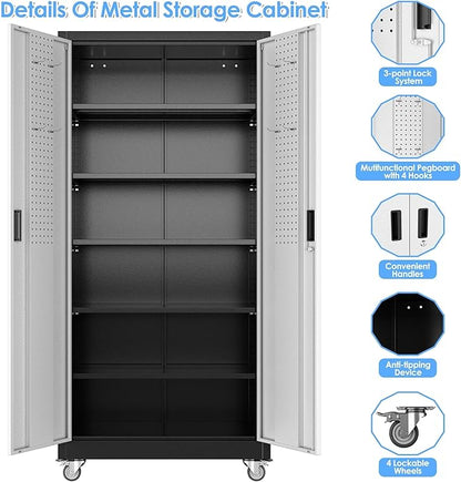 SUXXAN Garage Storage Cabinet with Pegboard and 5 Adjustable Shelves, 71'' x 34'' x 18''Metal Lockable Cabinet with Magnetic Doors,Tool Storage,Home Office Garage,Gym,School (Black-Silver)