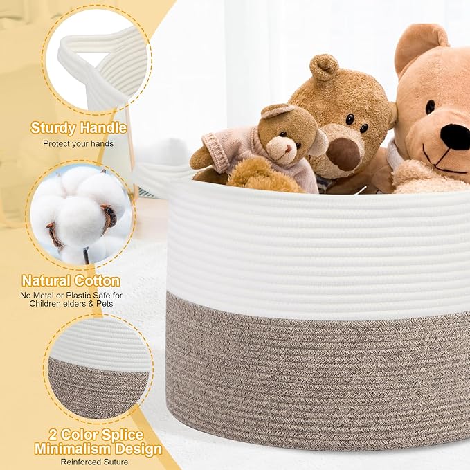 Large Laundry Basket 22''x14''Woven Cotton Rope Baby Blanket Basket for Living Room Girl Laundry Hamper Toy storage Baby basket Nursery Hamper Storage Bin (White+Brown)