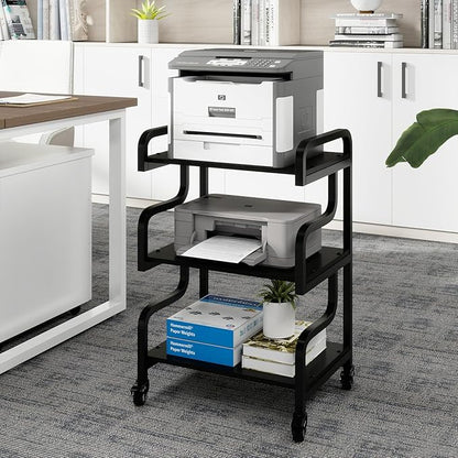 Natwind 3-Tier Printer Stand with Wheels Movable Storage Cart Floor-Standing Multi-Purpose Shelf Rack for Media Player Scanner Files Books Microwave Oven in Kitchen Living Room Home Office (Black)