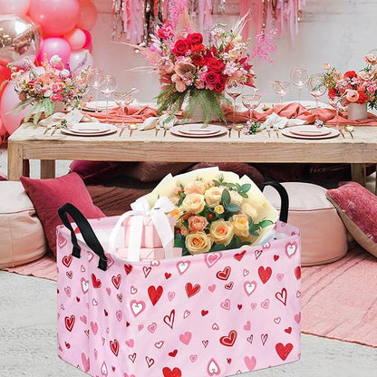 KUNRO Rectang Heart Pattern Valentine's Storage Basket Gift Shelf Basket Storage Bin, Nursery Basket Organizer Box for With Handles for Room Deco