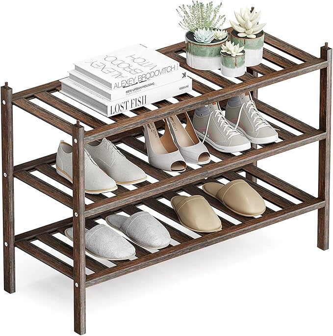 Shoe Rack, 3-Tier Bamboo Stackable Shelf Storage Organizer, Stand for Closet, Entryway, Hallway, Bathroom and Living Room（Mocha）