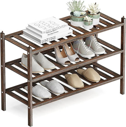 Shoe Rack, 3-Tier Bamboo Stackable Shelf Storage Organizer, Stand for Closet, Entryway, Hallway, Bathroom and Living Room（Mocha）