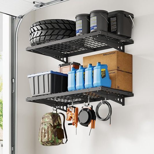 FLEXIMOUNTS 2 Pack 2x4ft Garage Storage with 4 Hooks 24x48 inch Bike Wall Shelving Rack, 660lbs Total Weight Capacity, Black, Pro Series