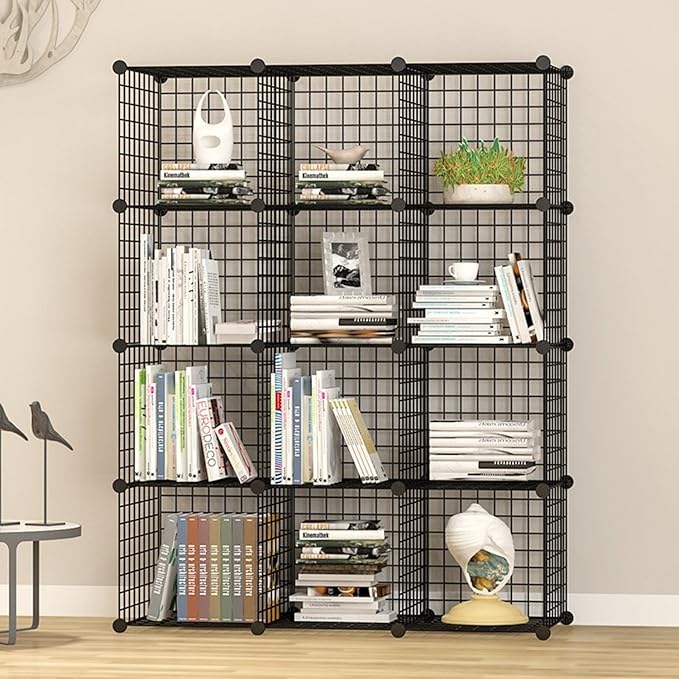 UNICOO® 14x14 Inch Multi Use DIY Bookcase & Shelf | Closet Organizers and Storage Cabinet - 12 Cube Wire Grid Organizer, Wardrobe Closet Organizer, Storage Shelves for Bedroom (12-Black Wire)