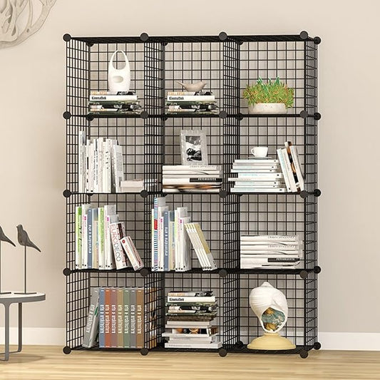 UNICOO® 14x14 Inch Multi Use DIY Bookcase & Shelf | Closet Organizers and Storage Cabinet - 12 Cube Wire Grid Organizer, Wardrobe Closet Organizer, Storage Shelves for Bedroom (12-Black Wire)