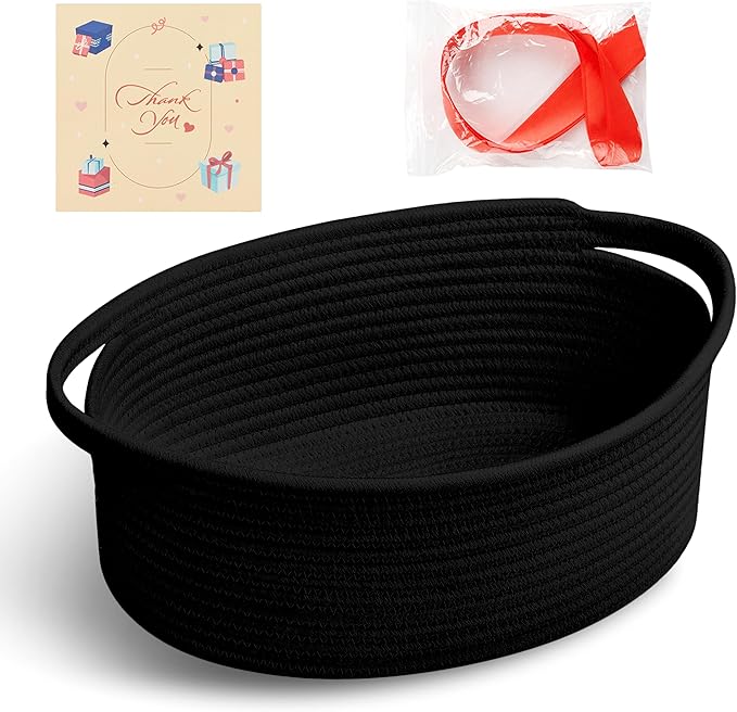 Small Woven Black Gifts Basket for Storage Empty with Ribbons and Bags Durable Cute Gifts 12"X 8" X 5" Small Rope Basket for Gifting