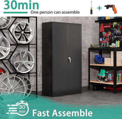 Black Metal Storage Cabinet with Door, Locking Steel Cabinet with 4 Adjuestable Shelves, Tall Lockable Garage Tool Storage Cabinet for Home, Office, Pantry, Assembly Required