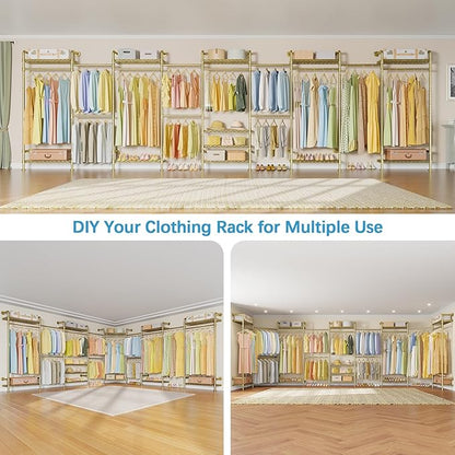 Timate U4 U Shape Garment Rack Heavy Duty Clothes Rack for Hanging Clothes, Expandable Industrial Pipe Clothing Rack Wall Mounted Closet Extra Large Closet Rack Walk in Closet System, Closet Kit Gold