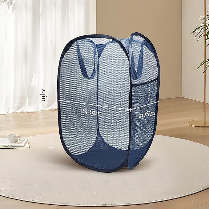 The upgraded pop-up laundry basket features a breathable side pocket mesh design, making it ideal for rooms, apartments, dormitories, travel, business trips, and children's storage (1, Dark blue)