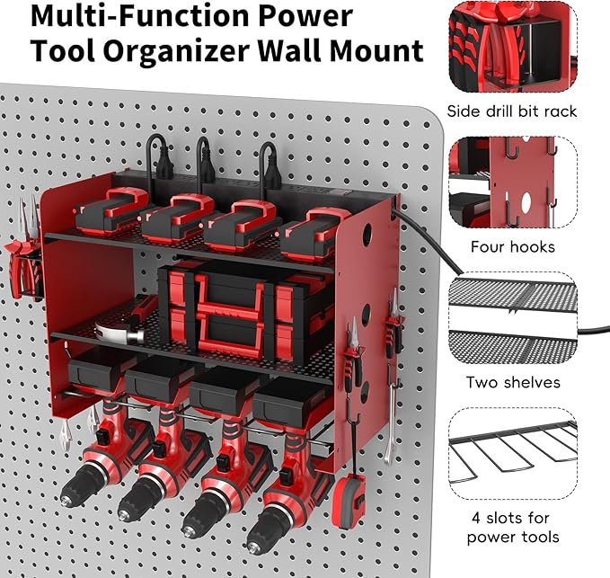 NWH Power Tool Organizer Wall Mount with Charging Station，3 Layer Storage Rack for Organization 4 Drill Storage Shelf with Hooks, Drill Bit Heavy Duty Rack, with 8 Outlet Power for Garage and Workshop