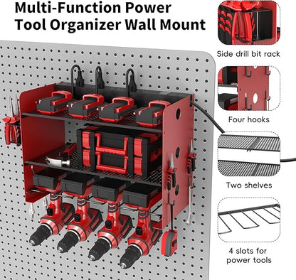 NWH Power Tool Organizer Wall Mount with Charging Station，3 Layer Storage Rack for Organization 4 Drill Storage Shelf with Hooks, Drill Bit Heavy Duty Rack, with 8 Outlet Power for Garage and Workshop