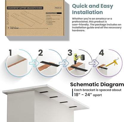 BATODA 12" Countertop Support Brackets (4 pcs) for Granite - Heavy Duty L Shelf Bracket - Wall Mounted Support for DIY Open Shelving – Knee Wall Support - Mounting Hardware Included ( Pack 4 )