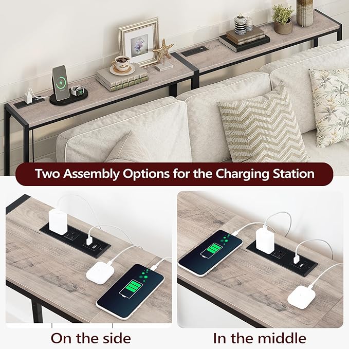 Console Table, 2 Pack Narrow Sofa Table, 43.3” Entrance Table with Power Station, Behind Couch Table, for Living Room, Hallway, Entryway, Foyer, Greige and Black CTHG112E01S2