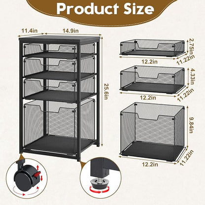 Rolling File Cart with 4 Storage Drawers, Filing Cabinet for Home Office, Hanging File Folder Organizer with Wheels Under Desk, Utility Craft Cart Printer Stand, Black