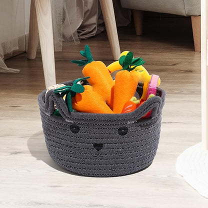 Zopeal Cat Basket Storage Woven Organizer with Ears Easter Decorative Gift Pet Toy Cute Cotton Rope Basket for Gift Cat Dog Toy Bin Nursery Room(8.3 x 4.7 Inch,Gray)