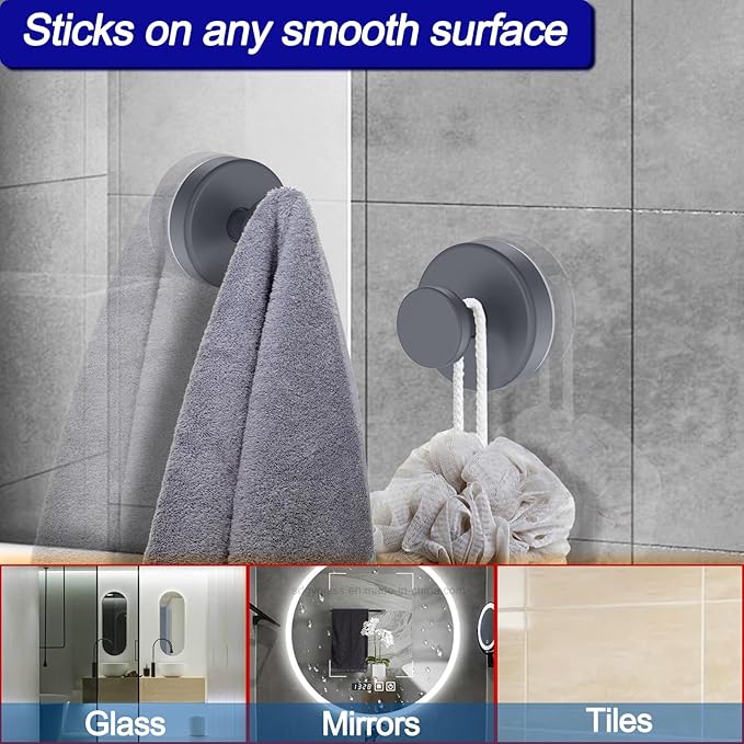 Suction Cup Hooks for Shower, Removable Towel Hooks for Bathroom Window Glass Door Wall, Bath Robe Looafh Hook for Hanging - 4 Pack, Grey