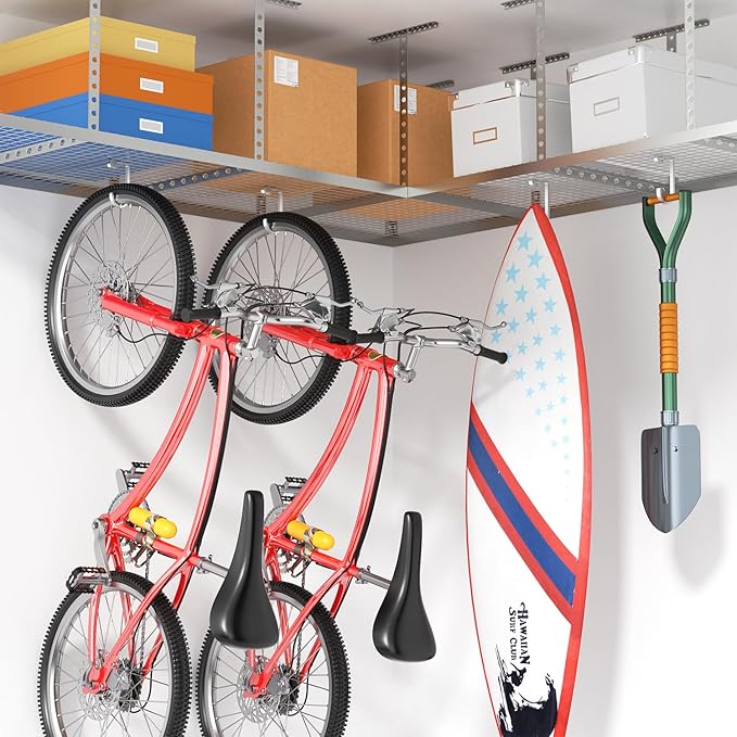 Bike Hanger Hooks Garage Rack: Bike Hooks for Garage, Heavy Duty Bike Hanging Hooks, Hooks for Hanging Bike, Overhead Rack Hooks, Silver