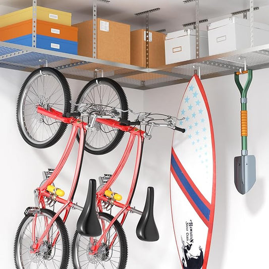 Bike Hanger Hooks Garage Rack: Bike Hooks for Garage, Heavy Duty Bike Hanging Hooks, Hooks for Hanging Bike, Overhead Rack Hooks, Silver