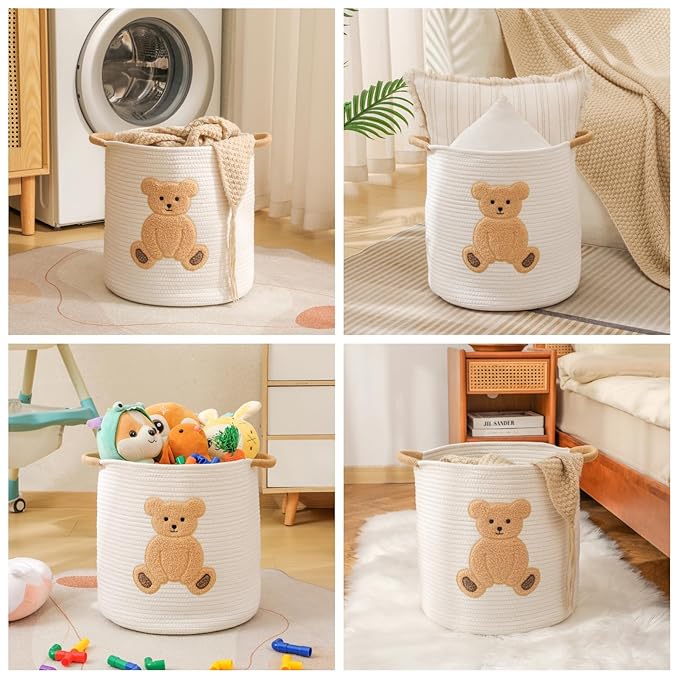 Large Blanket Baskets for Living Room Decor, Toy Storage Baskets Woven Cotton Rope Teddy Storage Basket for Kids, Dog Toys Organizer Clothes Hamper with Embroidery Decor for Nursery (Large, Bear)