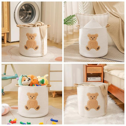 Large Blanket Baskets for Living Room Decor, Toy Storage Baskets Woven Cotton Rope Teddy Storage Basket for Kids, Dog Toys Organizer Clothes Hamper with Embroidery Decor for Nursery (Large, Bear)